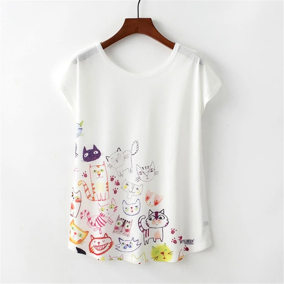 KaiTingu летняя новинка Женская Футболка Harajuku Kawaii Милая стильная футболка с рисунком кота из мультфильма короткий рукав круглый вырез Топы Размер M L XL