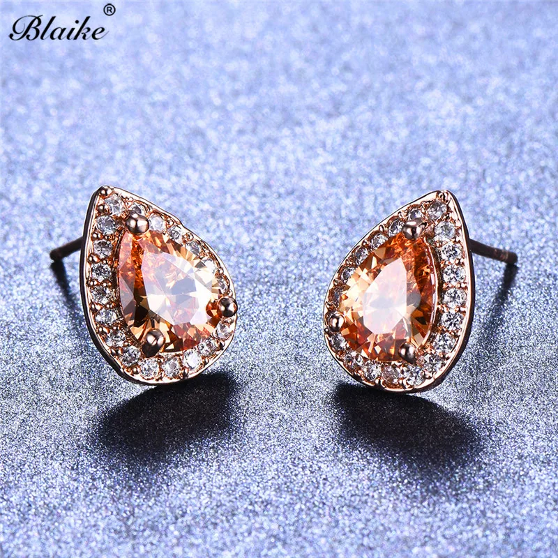 Blaike Груша Cut Stone Water Drop Циркон Стад Серьги для Для женщин розовое золото Заполненные Шампанское Teardrop Серьги Модные украшения подарок