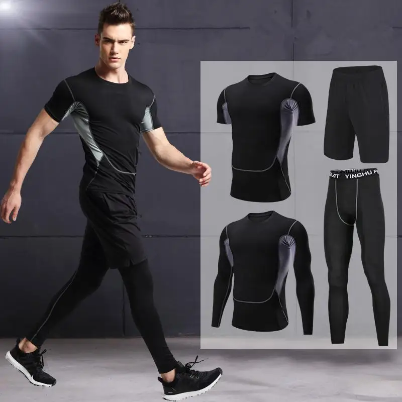 4pcs TQ set Мужская спортивная одежда, Компрессионные спортивные костюмы, одежда для тренировок, Гимнастические Колготки, набор для бега, Быстросохнущий Спортивный костюм размера плюс - Цвет: 4pcs TQ set