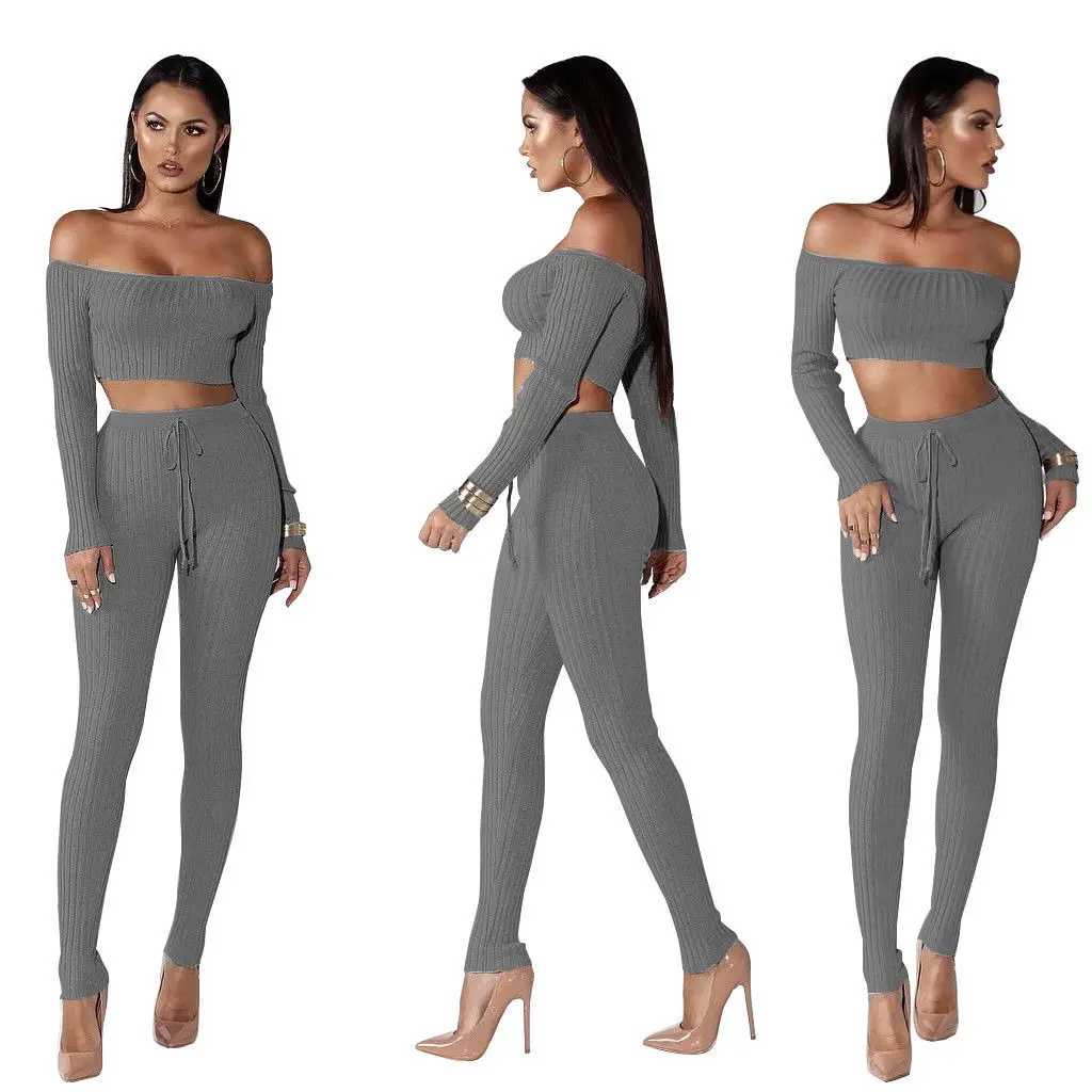 

2017 Fashion Women Ladies Sexy Off Shoulder Crop Tops Shirts High Waist Pants 2Pcs Set Sportsuit Tracksuit Women Sets
