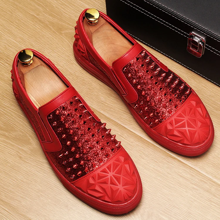 2019 Brand Men loafers fashion casual shoes rivets new Design flat Italy red Black embossed Sequined leather man | Обувь