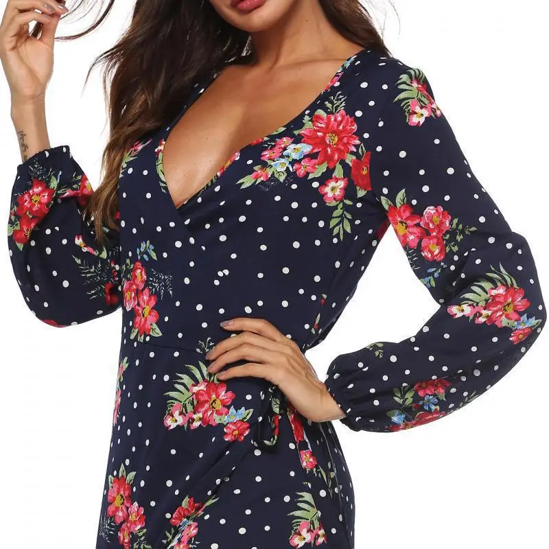 Sexy Deep V Bandage Chiffon Dresses 2019 Women's Spring New Fashion Flower Printed Vestidos Lantern Sleeves Irregular Long Dress | Женская