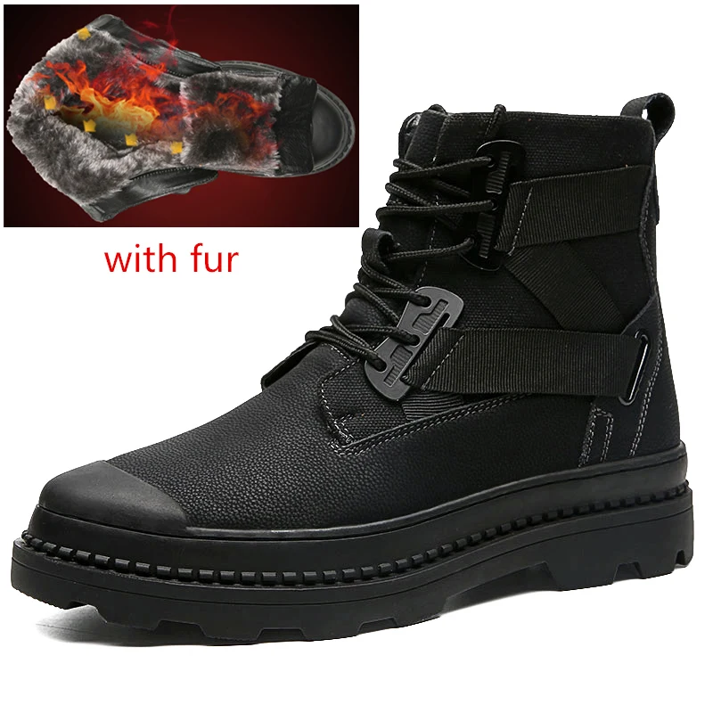 black fur Мужские ботинки Осенняя обувь из натуральной кожи высокого качества из коровьей кожи в стиле ретро роскошные повседневные мужские ботильоны с высоким берцем размеры 38-46 n6 - Цвет: black fur