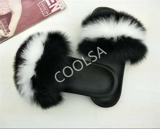 Women's Summer Fur Slippers Indoor Warm Fluffy Plush Home Shoes Woman Real Fox Hair Fur Slides Furry Sandals Female Flip Flops - Color: As shown