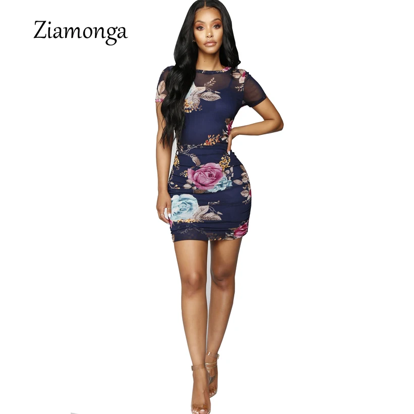 Ziamonga печати Сексуальная Bodycon Платье Для женщин осень o-образным вырезом короткий