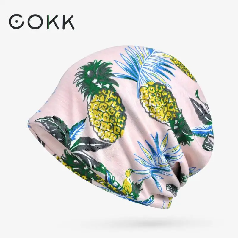 

COKK Hat Women Beanie Cotton Pineapple Pattern Autumn Spring Hats For Women Men Headwrap Ponytail Travel Cap Female Gorro