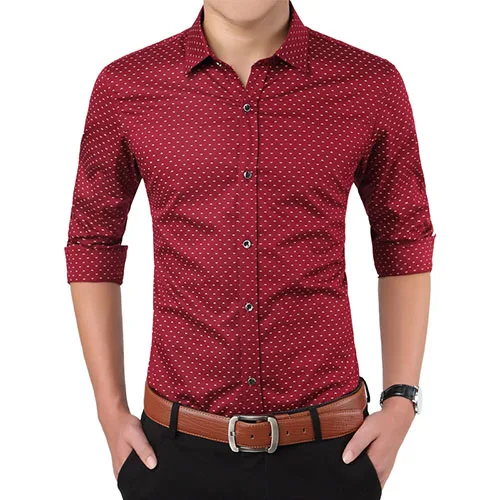 Red Новая коллекция модных осенних свитеров Для мужчин одежда Slim Fit Для мужчин рубашка с длинными рукавами Для мужчин в горошек Повседневное Для мужчин рубашка социальных размера плюс M-5XL - Цвет: Red