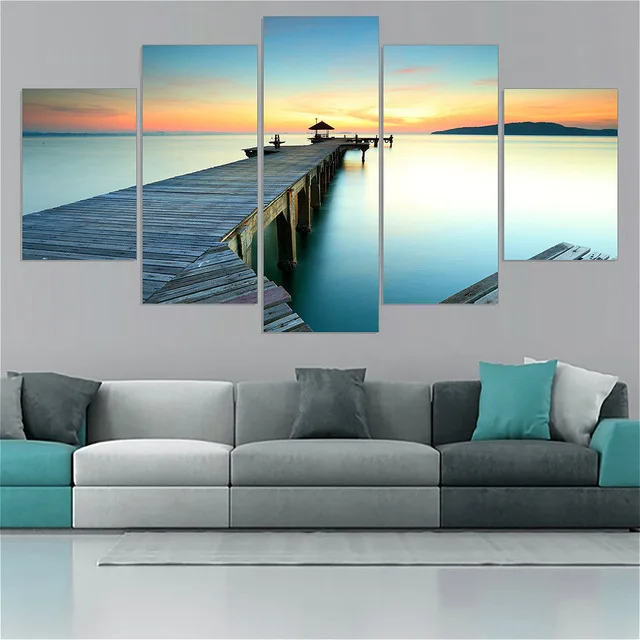 

5 Panels Canvas Art Gift The Stack of Wood Sunset Painting Wall Art HD Print Home Decor Modular Photo for Living Room Framed