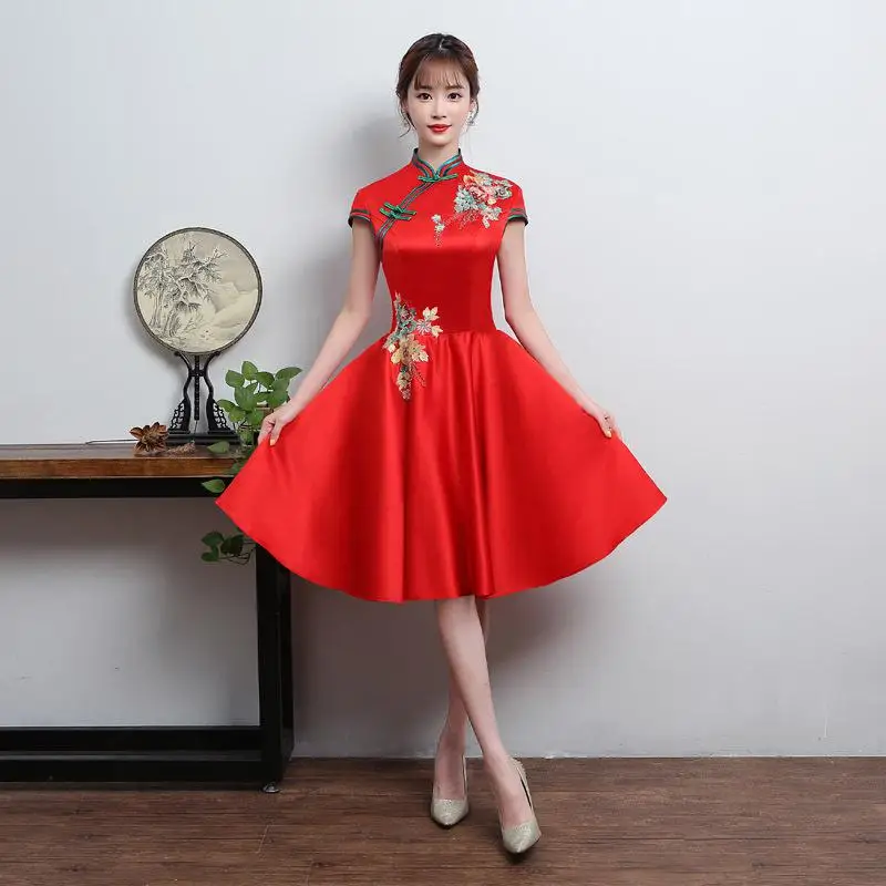 Белые свадебные туфли чонсам, Восточный стиль Для женщин свадебные Qipao элегантный в китайском стиле длинное платье роскошный халат Платья для вечеринок Vestido S-4XL - Цвет: Red - A