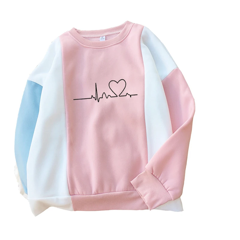 

Ladies Kawaii Cardiogram Sweatshirt Women Korean Ulzzang Loose O-neck Spell Color Splicing Hoodie Harajuku Casual Thick Pullover