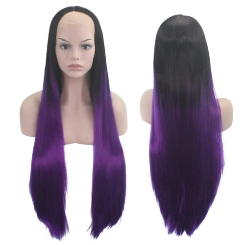 Black purple JOY& BEAUTY 2" швейцарские кружева высокой температуры волокна средней части длинные шелковистые прямые черные розовые серые синтетические кружева спереди парик - Цвет: Black purple