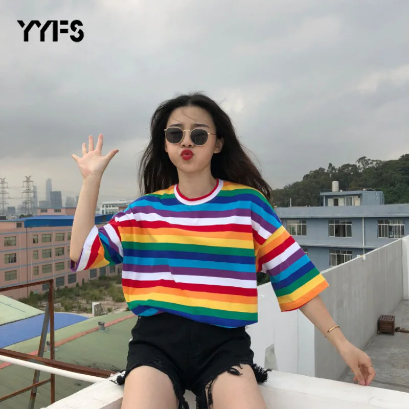 YYFS Радужная полосатая футболка для женщин Harajuku топы 2020 Новые футболки летние с
