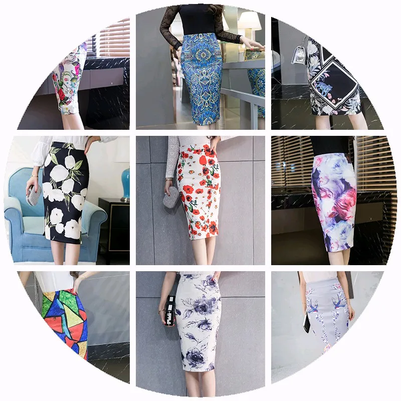 Новые летние 2017 из органической кожи Модные Цветочные офис миди юбки с принтом