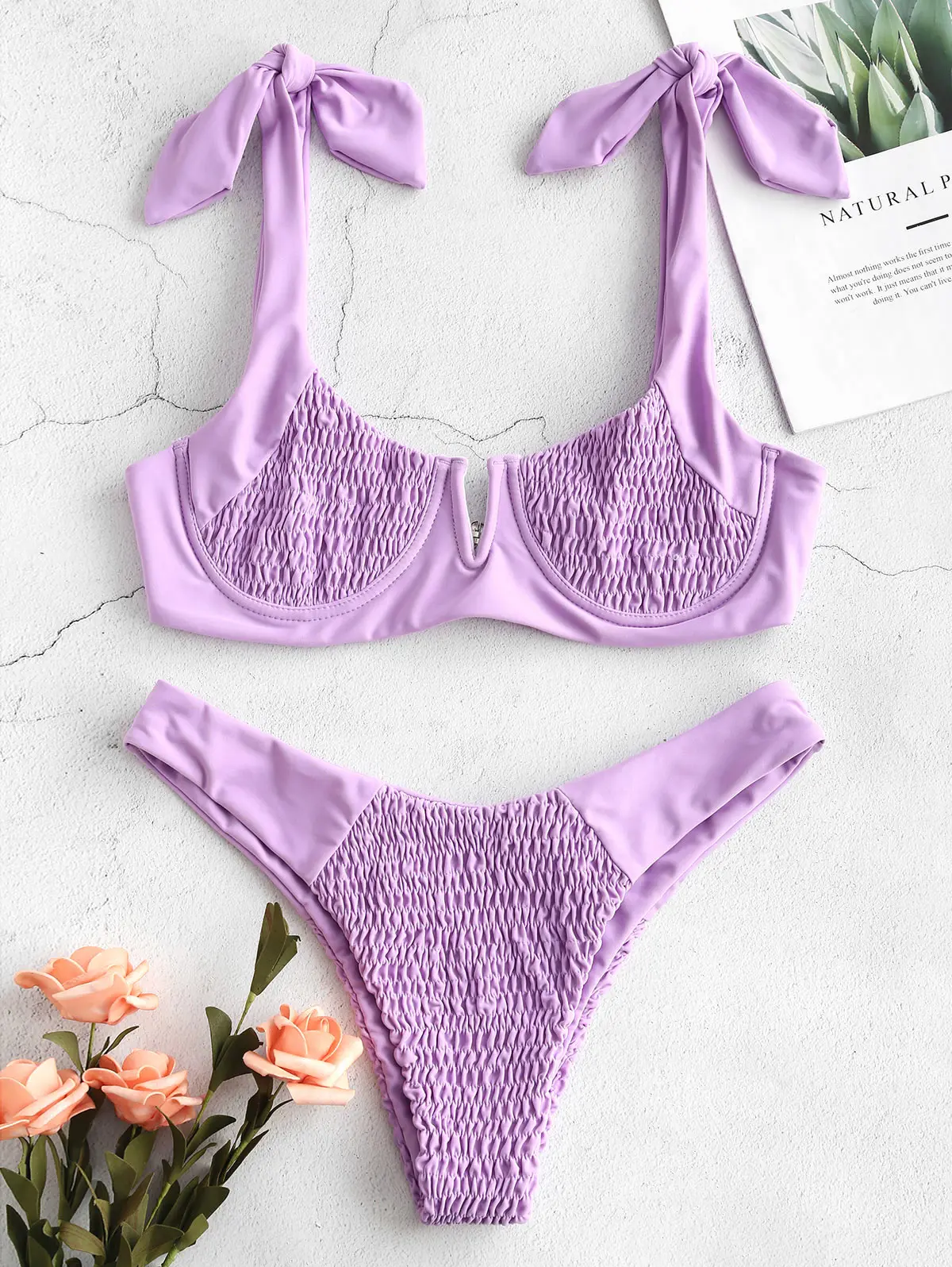 Mauve Bikini ZAFUL Shirred Underwire Bikini V Cut Bikini Set Scoop Neck Unlined Bikinis Mujer Sexy Thong Swimsuit Women Biquini - Цвет: Mauve Bikini