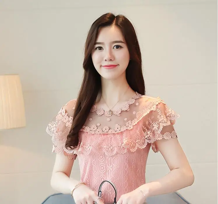 

women blouse fashion Sexy hollow lace short sleeve summer women shirt tops floral Female Clothing