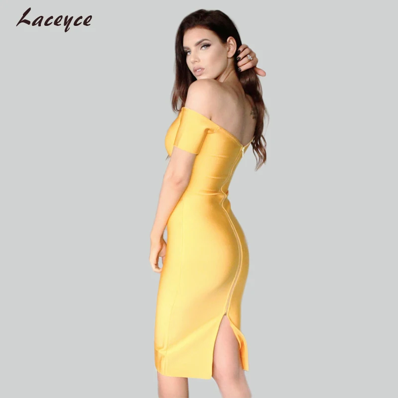 2018 New Summer Bandage Dress Sexy Off The Shoulder Yellow Short Sleeve Zipper Front Both Side wear Bodycon Party Dresses | Женская