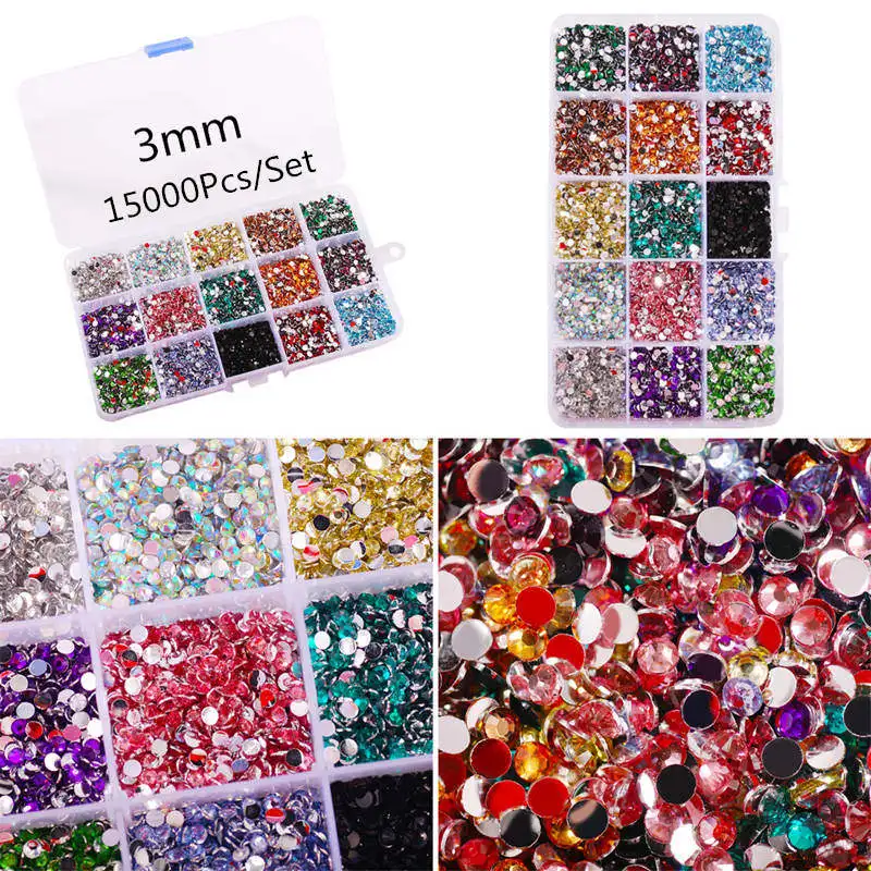 3mm - 15000Pcs-Set 1 комплект в партии, 2/3/4/5/6 мм полимерные Стразы смешанные цвета, плоский обратно с украшением в виде кристаллов со стразами 3D обаяние драгоценные камни DIY Маникюр нейл-арта украшения - Цвет: 3mm - 15000Pcs-Set