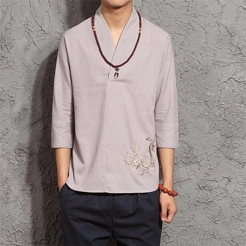 Men Cotton Linen Pullover Shirts Long Sleeve Chinese Style Loose Kung Fu Custume Tai Chi Suit Retro Embroidered Tang TS-330 | Мужская