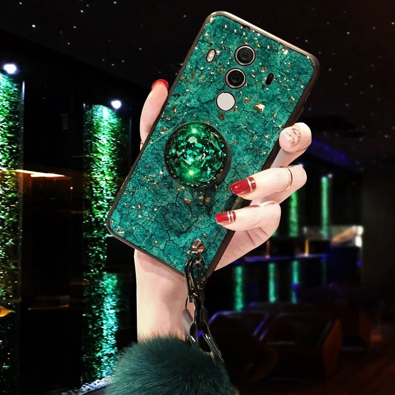 Эпоксидный Золотой фольга драгоценный камень чехол для телефона huawei Honor mate 30 20 Pro 9 10 Lite 7C 7A 7X9X8X7 S 8A 8C с кольцом держатель ремешок крышка - Цвет: Green