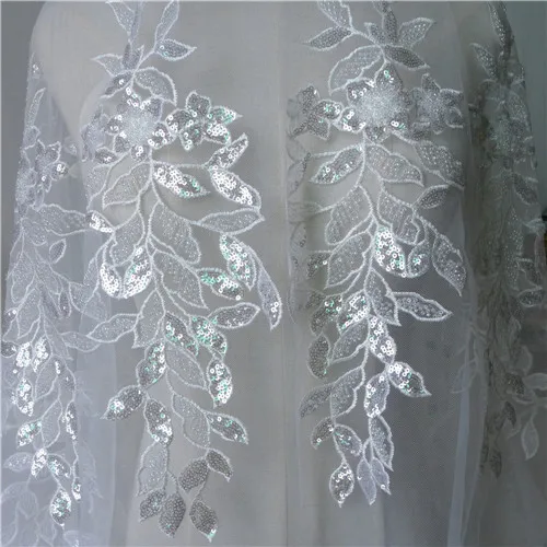 1 ярд изысканный узор в виде листьев жемчужного бисера кружевная ткань с блестками темно-синие Розовые Красные Свадебные вуали, свадебные платья - Цвет: 4