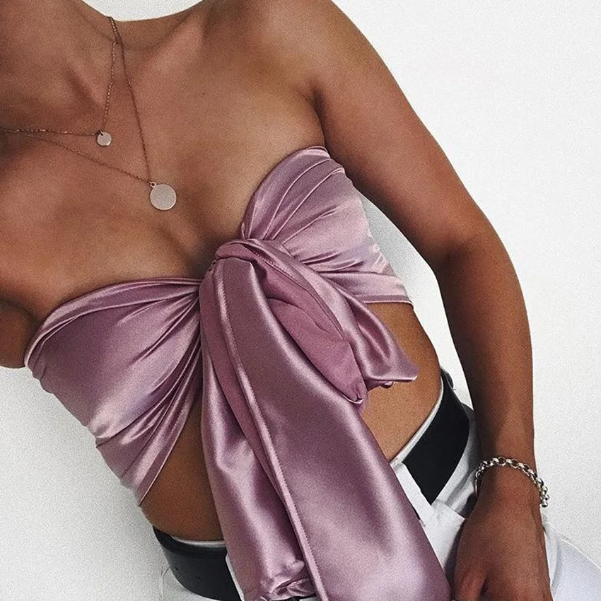 2019 Summer New Satin Silk Casual Bow Lace Up Club Party Crop Top Sexy Off The Shoulder Backless Wrap Tank Women 72160 | Женская одежда