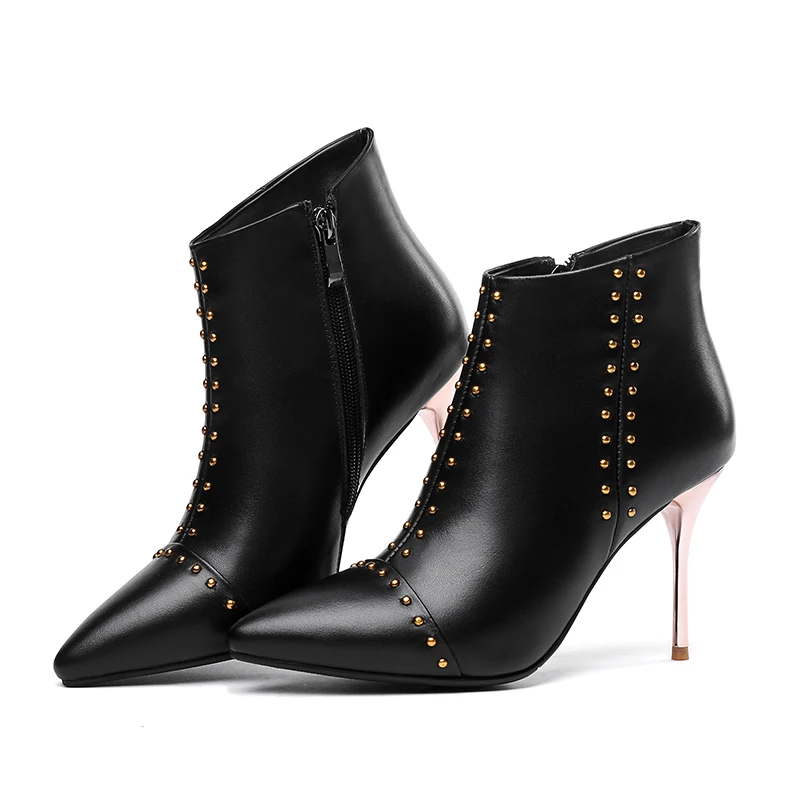ISNOM Autumn Cow Leather Women Ankle Boots Stud Boot Pointed Toe Party Ladies Shoes High Heels Zip Black Footwear Big Size 32-45 | Обувь