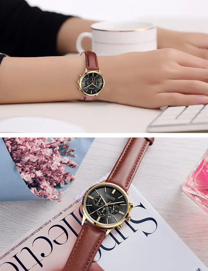 Часы MEGIR женские с хронографом роскошные брендовые Элегантные классические