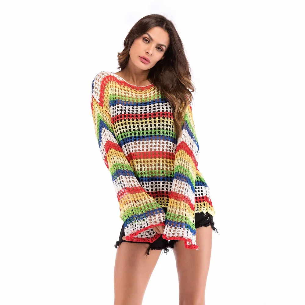 PGSD Loose Flare Sleeve color Crocheted hollow blouse thin knitted sweater O-Neck Pullover Fashion Striped women clothes female | Женская