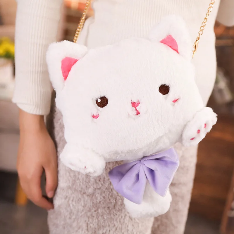 Kawaii плюшевый Кот Рюкзак Сумка через плечо 4 цвета плюшевая игрушка Кот дети маленькие девочки Подарочный Кошелек для монет детская игрушка - Цвет: Белый