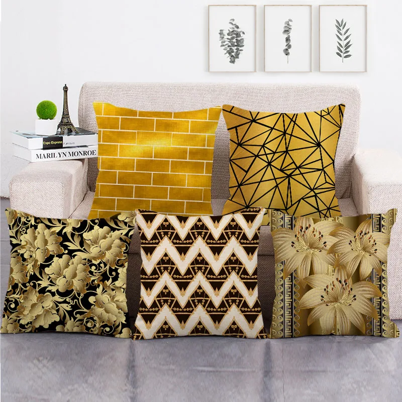 45cm*45cm golden flowers and geometric design linen/cotton throw pillow covers couch cushion cover home decor | Дом и сад
