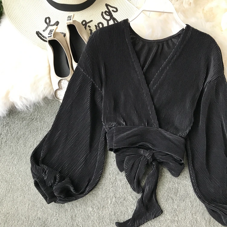ALPHALMODA, весна-лето, плиссированные шифоновые блузки с v-образным вырезом, галстук-бабочка, пояс, рукав-фонарик, Женская однотонная модная одежда