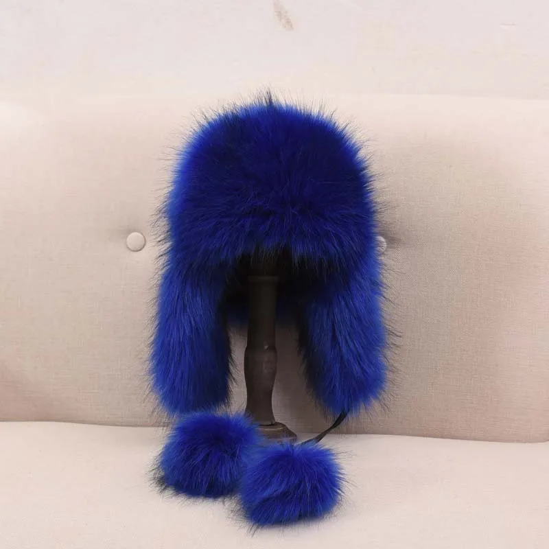 blue bomber hats Шикарные розовые шапки-бомберы с помпоном из искусственного лисьего меха для девочек и женщин, Зимняя Толстая теплая Русская Шапка-ушанка, Ветровка из искусственной кожи, шапка с помпоном Femme - Цвет: blue bomber hats