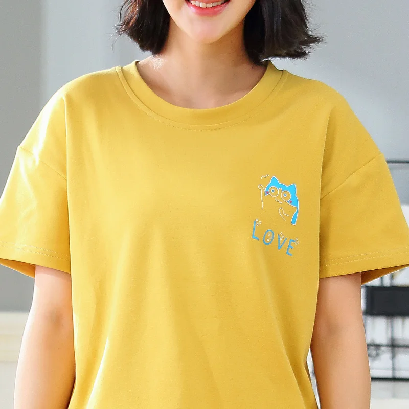 Летний хлопковый топ с короткими рукавами+ длинные штаны, комплекты из 2 предметов, пижамный комплект для женщин, милая одежда для сна, пижама для девочек, Размеры M, L, XL, XXL, XXXL