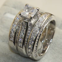 choucong top sell luxury jewelry 925 sterling silver princess cut white topaz cz diamond 3pcs women wedding band ring gift
