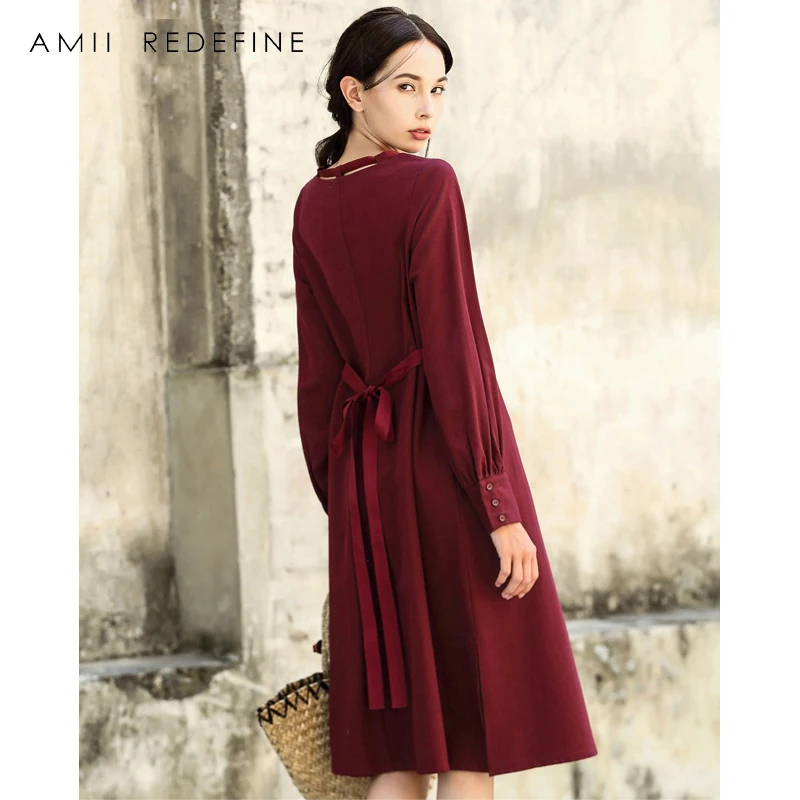 Amii Redefine Платье женское осень 2018 Повседневный свободный однотонный бант средней