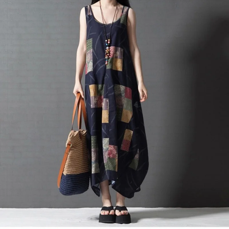 Женское льняное платье макси без рукавов вечерние тажное свободное праздничное