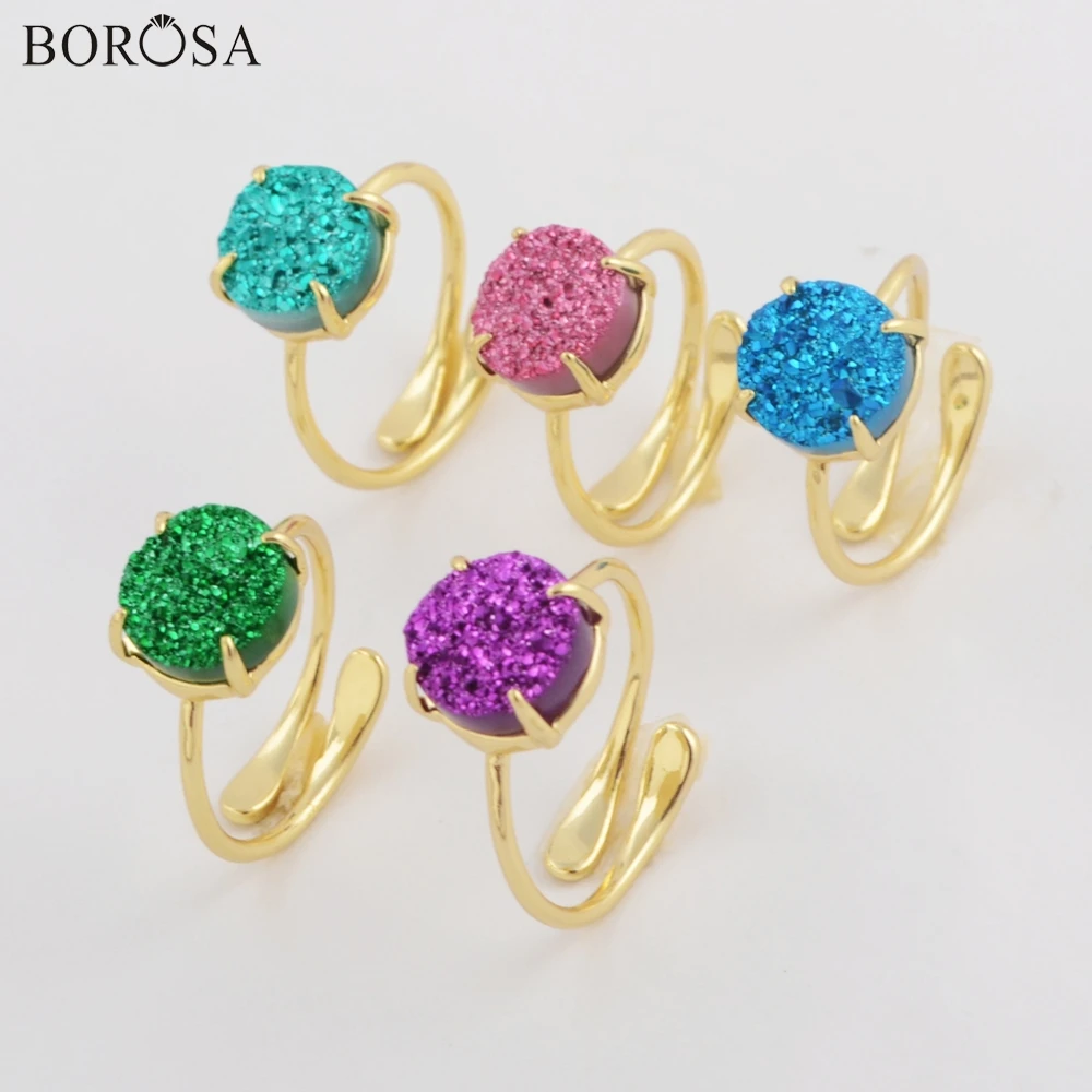 

BOROSA 5PCS Gild Claw 10mm Round Natural Agates Druzy Titanium Rainbow Drusy Ring Mixed Colors Adjustable Women Rings ZG0414