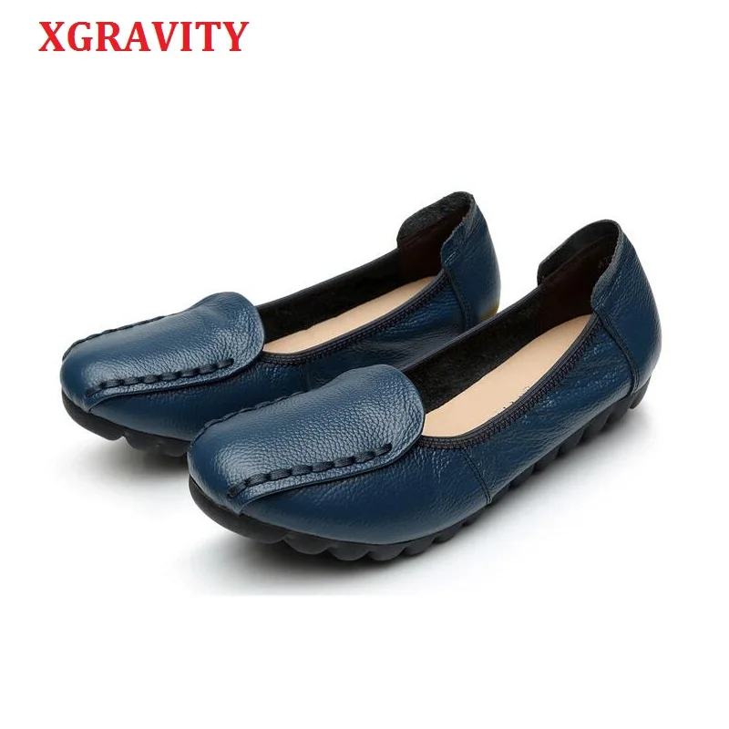 

XGRAVITY 3 Colors Lady Casual Shoes Cow Genuine Leather Woman Flats 2018 Soft Hand-Made Round Toe Lady Loafer Women Shoes A018