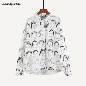 Hanyiren, женские блузки в стиле граффити, повседневные рубашки, белая однотонная модная блузка с длинным рукавом и принтом персонажа, уличная одежда, рубашка в стиле хип-хоп