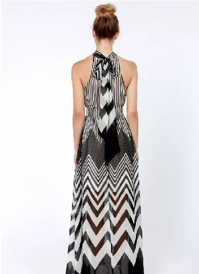 Hot sale XS- XXL 2014 Geometrical Wave Stripes Stitching Perspective Halter Maxi Long Chiffon Full Dress Free Shipping | Женская одежда
