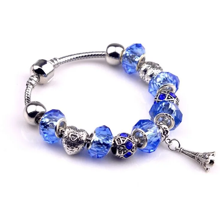 New Eiffel Tower Metal Crystal Beads Charm Bracelet Femme For Women Silver Plated Prata 925 Bracelets &amp Bangles Pulseras Jewelry |