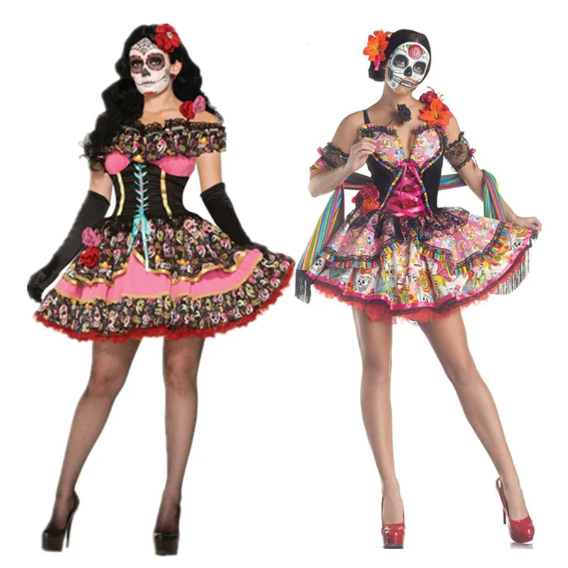 Women Sexy Sugar Skull Flower Fairy Halloween ghost vampire bride Fancy Dress Skeleton day of The Dead Carnival purim Costume |