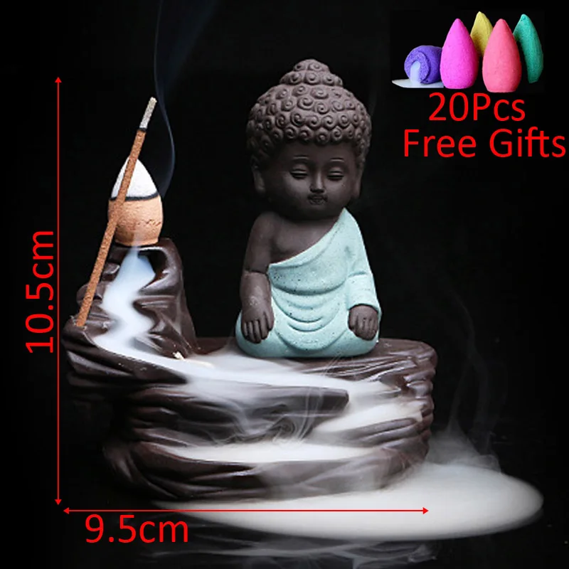 Backflow Incense Burner Ceramic Little Monk Stick Incense Holder Home Decor Aromatherapy Buddha Censer+ 20Pcs Incense Cones
