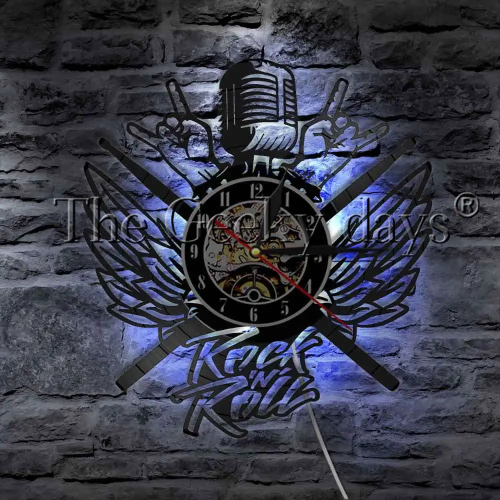 Рок микрофон Heavy Metal музыка виниловых пластинок настенные часы с светодиодный