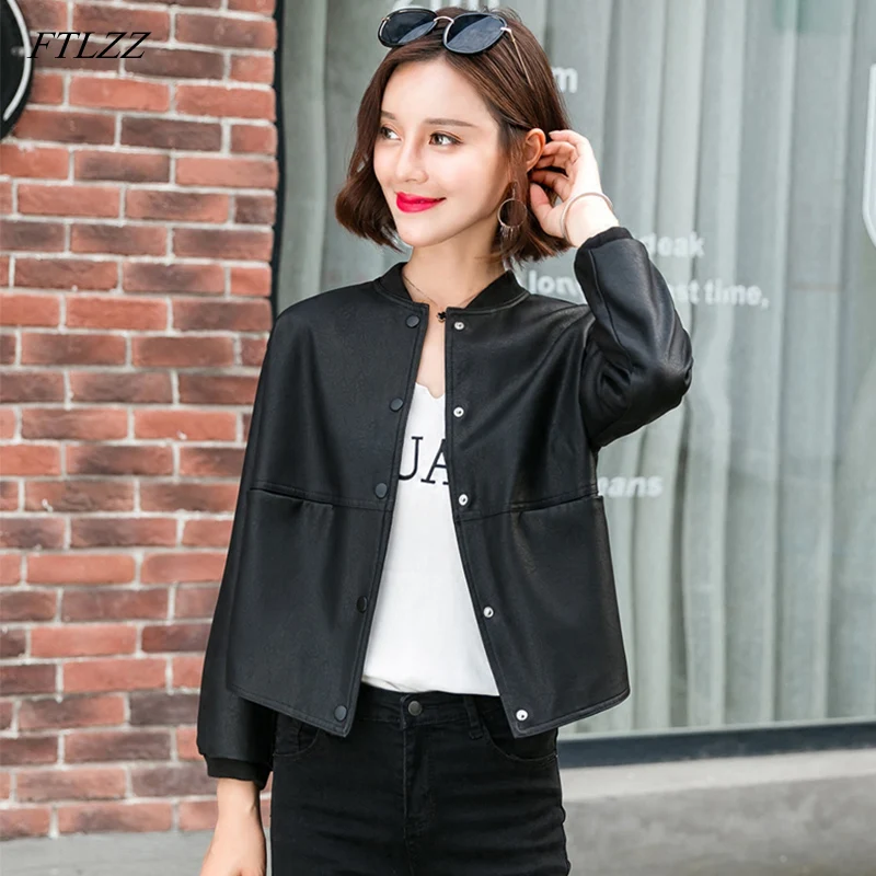 FTLZZ Женская куртка из искусственной кожи свободная короткая мотоциклетная