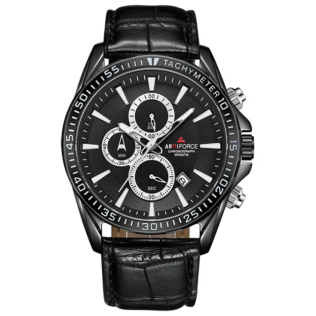Black Black ARMIFORCE новые мужские часы Топ бренд Мужская мода хронограф кварцевые часы мужские из натуральной кожи спортивные часы Relogio Masculino - Цвет: Black Black