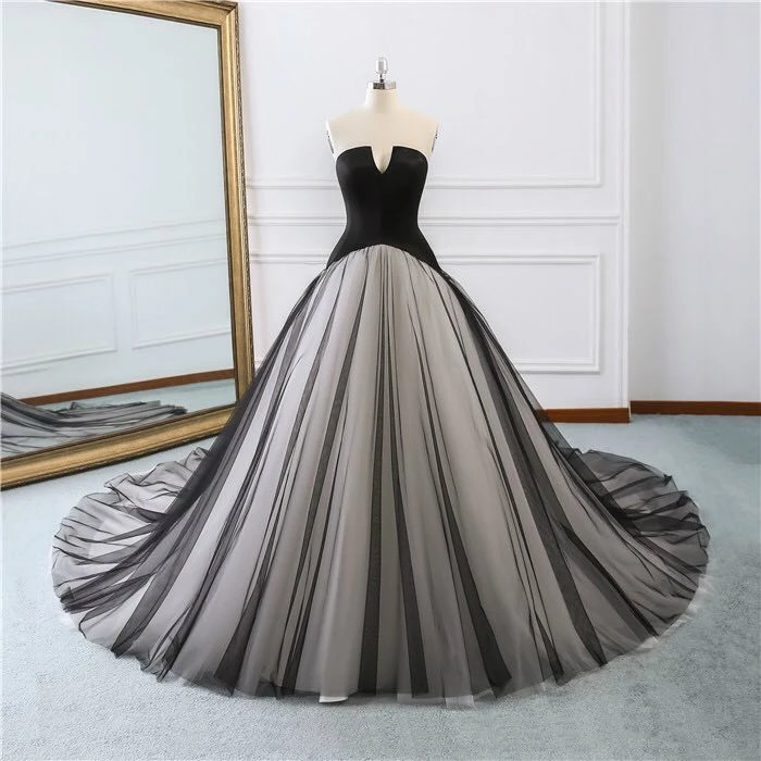 Феи Черный без бретелек v образным вырезом атласная Vestidos De Novia спинки Тюль бальное