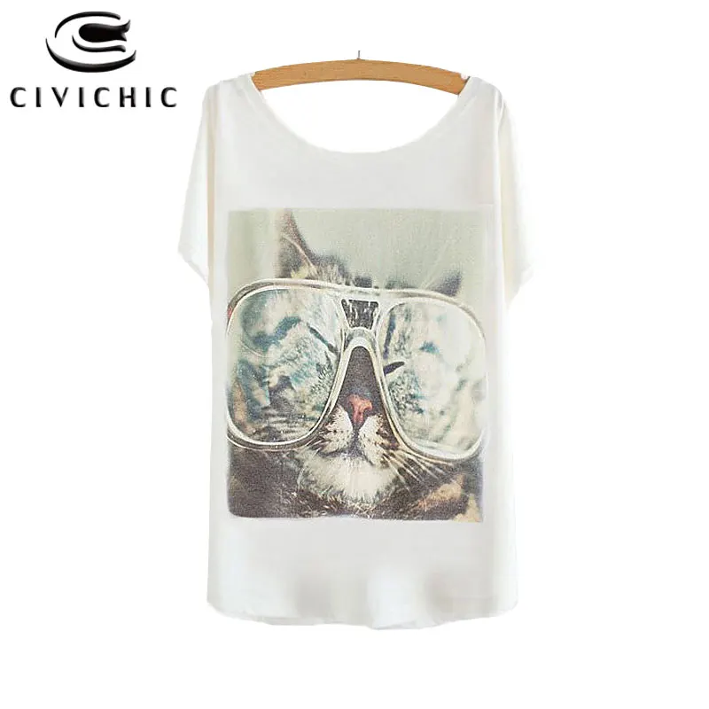 

CIVI CHIC Girl Cute Summer Loose T Shirt Woman Bat Sleeve Top Tee Bunny Kitty Print Lovely T-shirt One Size O Neck Tshirt WST103