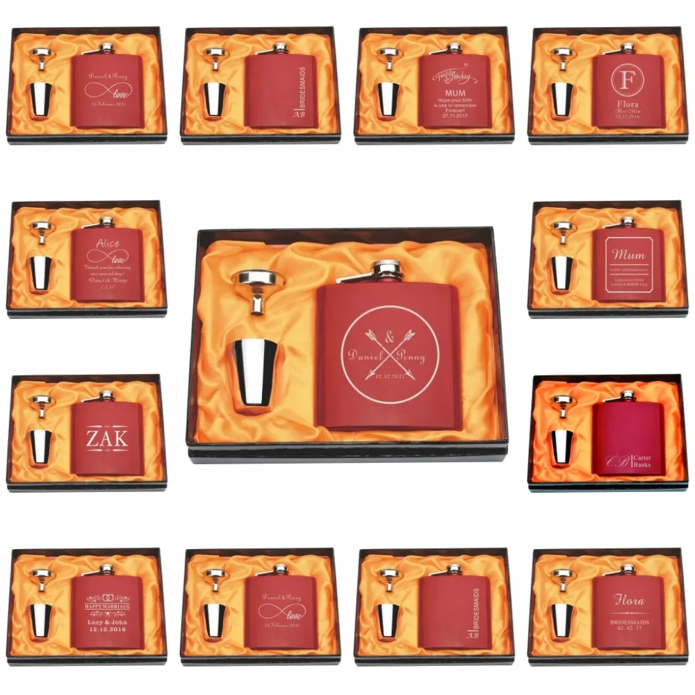 

1 Set Personalized Engraved 6oz Red Hip Flask Stainless Steel Wedding Birthday Valentine's Day Gift Favors FL02