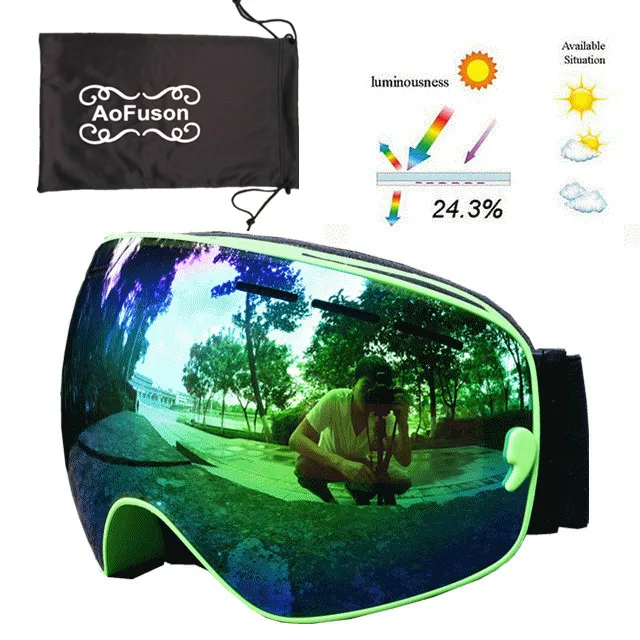 GREEN Брендовые лыжные очки для сноуборда. Двухслойные UV400 Анти-туман большие сферические маски очки для катания на лыжах для мужчин и женщин большие очки для снега Sci - Цвет: GREEN